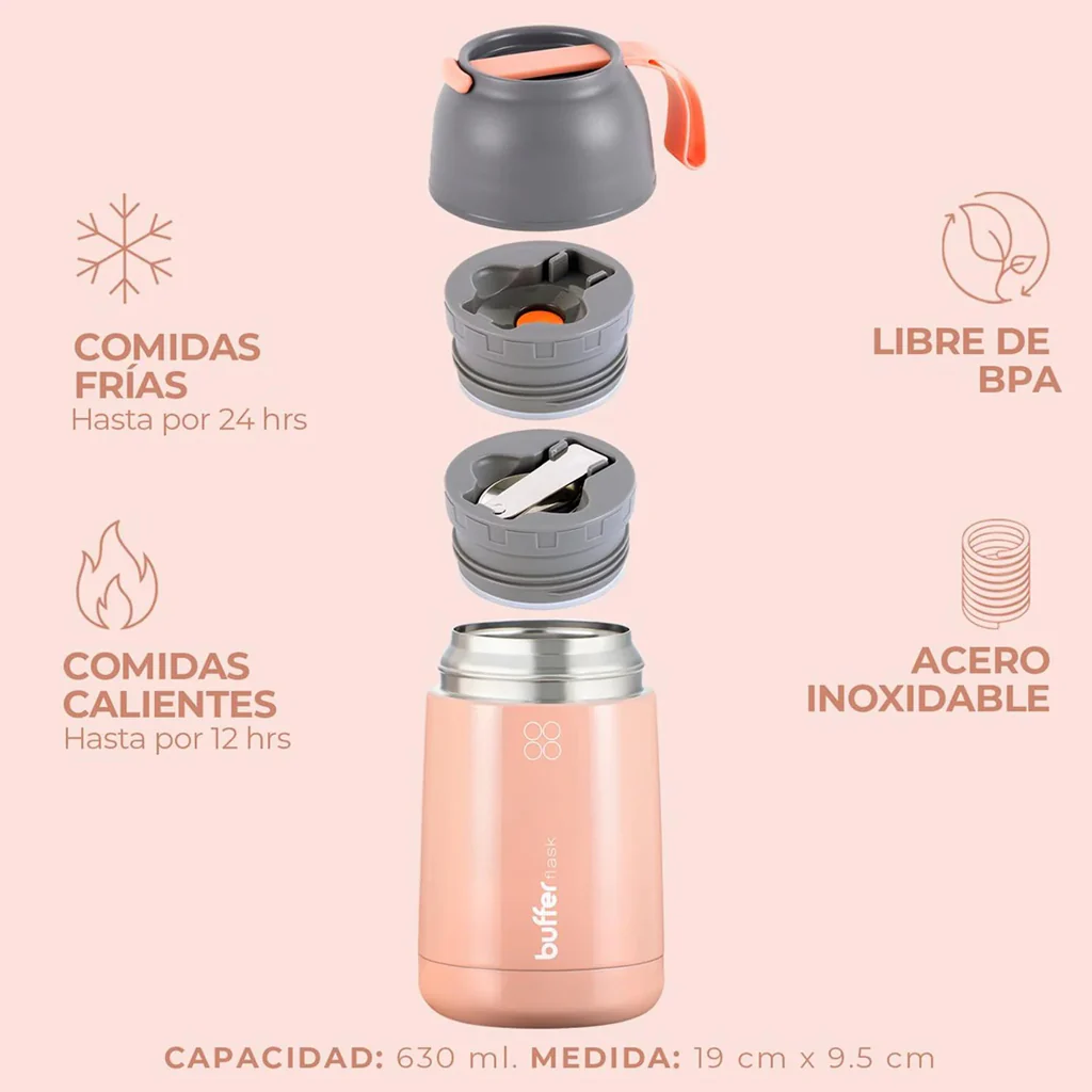 Termo Comida y Liquido Buffer 630ml + Bolso y Cuchara Rosado - Image 2